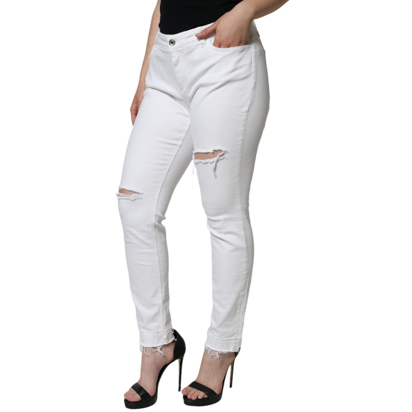 Dolce & Gabbana White Cotton Stretch Tattered Skinny Jeans