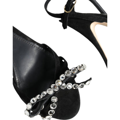 Dolce & Gabbana Black Leather Crystal Bow Heels Sandals Shoes