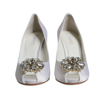Dolce & Gabbana White Crystals Peep Toe Satin Pumps Shoes