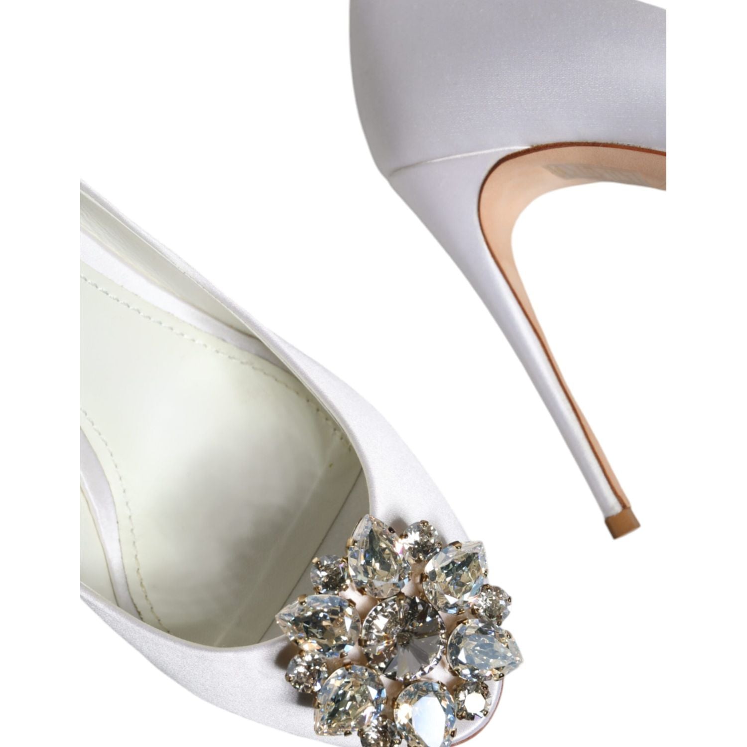 Dolce & Gabbana White Crystals Peep Toe Satin Pumps Shoes