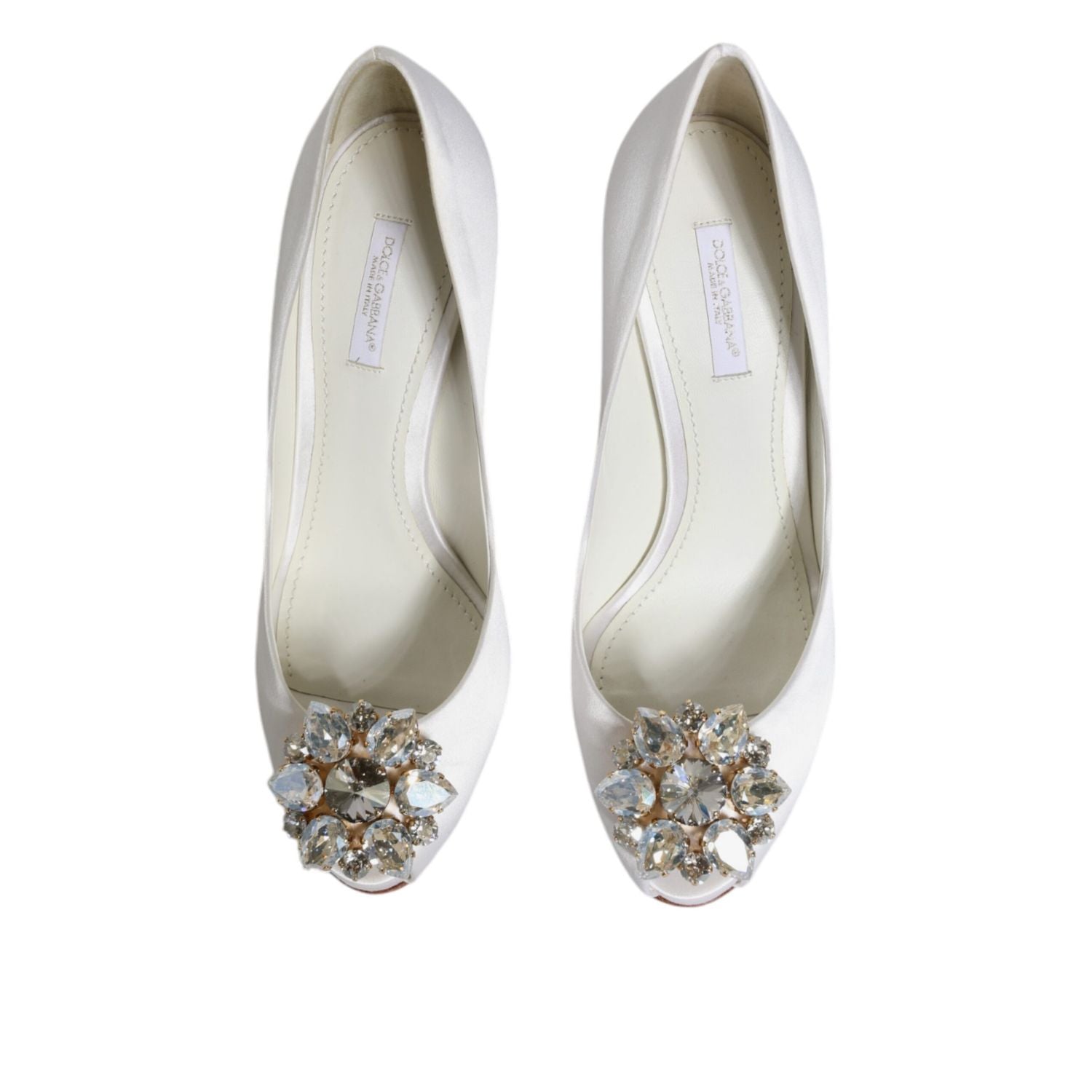 Dolce & Gabbana White Crystals Peep Toe Satin Pumps Shoes
