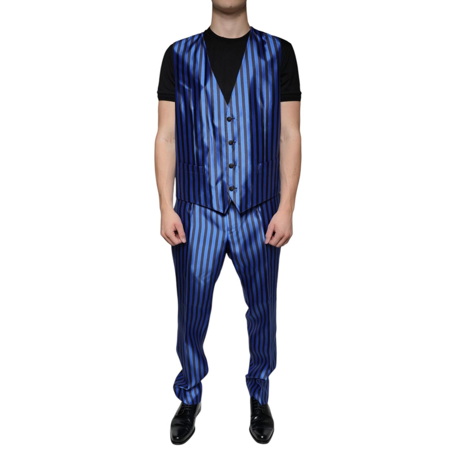 Dolce & Gabbana Metallic Blue Stripes Formal 3 Piece Suit