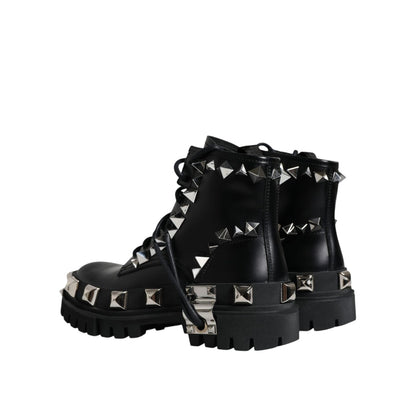 Dolce & Gabbana Black Leather Studded Trekking Boots Shoes