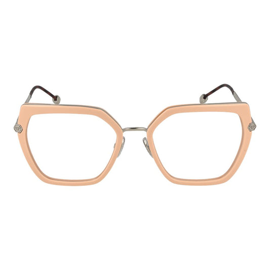Philipp Plein Pink Women Glasses Frame with rose metal and plastic full-rim, spring hinge, rectangle style, demo lenses.
