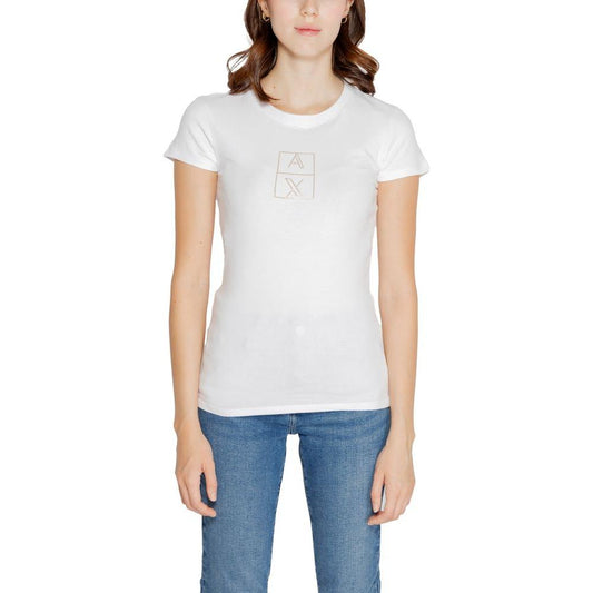 Armani Exchange women's white cotton T-shirt, fall/winter collection, featuring subtle logo design, 95% cotton, 5% elastane.