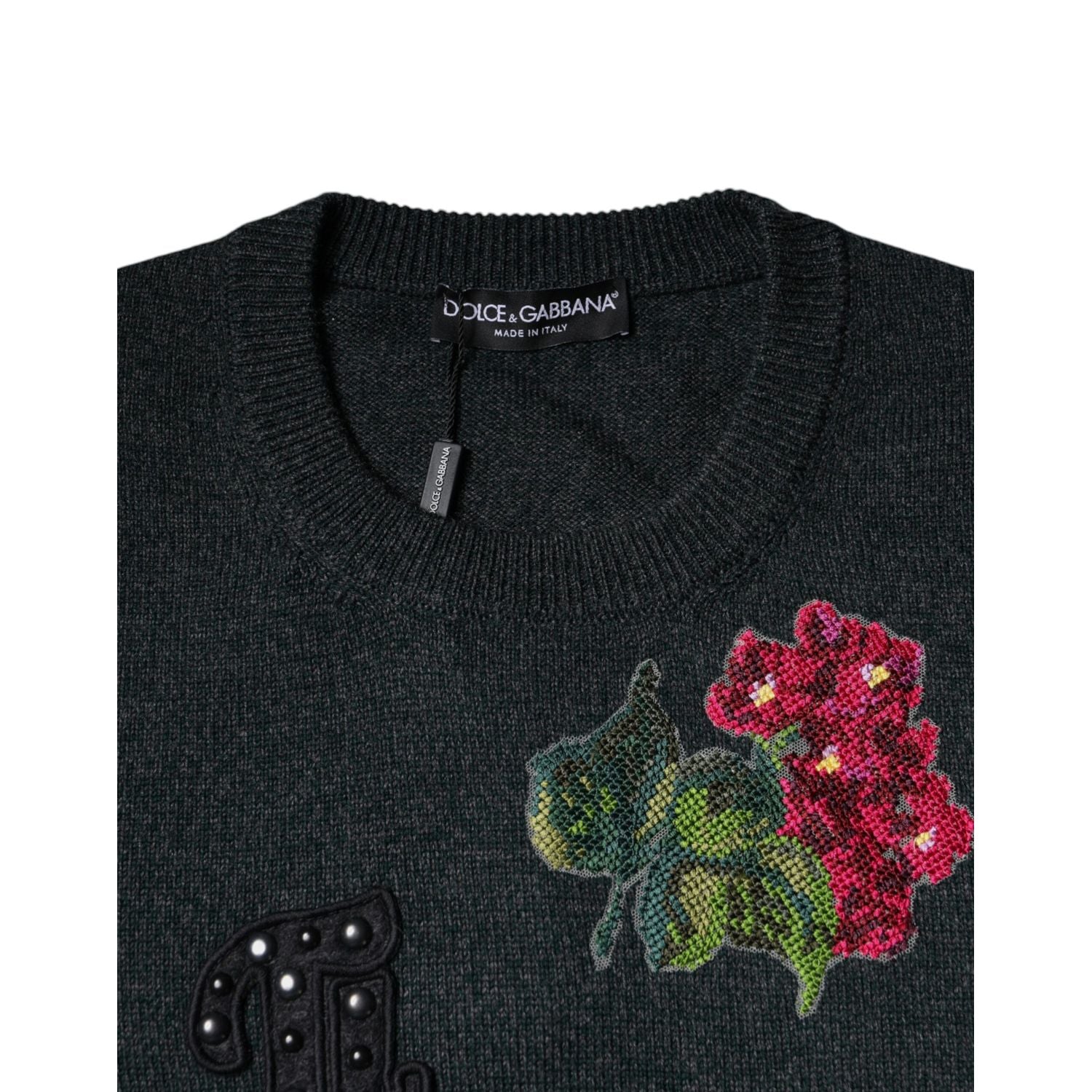Dolce & Gabbana Gray Embellished Crew Neck Pullover Sweater