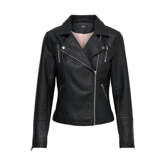 Only Black Viscose Faux Leather Biker Jacket for Women with Zippers and Polyester Lining | Fashionable and Bold Look