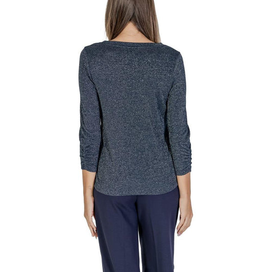 Back view of woman wearing Street One blue polyester top with 3/4 sleeves, part of the fall/winter women's collection.