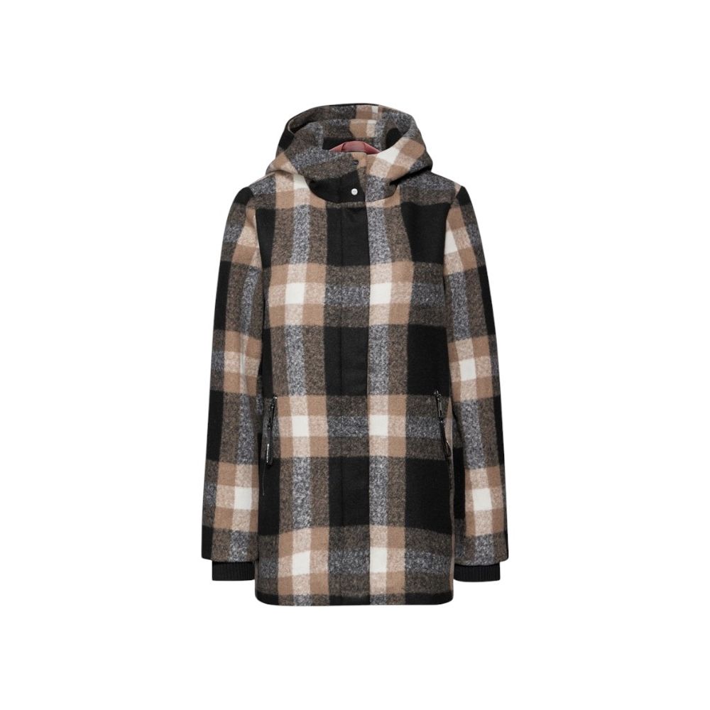 Street One Beige Polyester Coat with modern check pattern and hood, offering style and thermal insulation for the cold season.