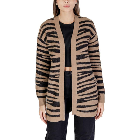 Jacqueline De Yong brown nylon cardigan with black stripe pattern, women's knitwear for fall/winter, 58% nylon, stylish outerwear.