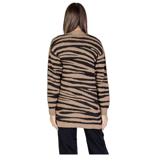 Back view of Jacqueline De Yong brown nylon cardigan with zebra print pattern, fall/winter collection, women's knitwear.