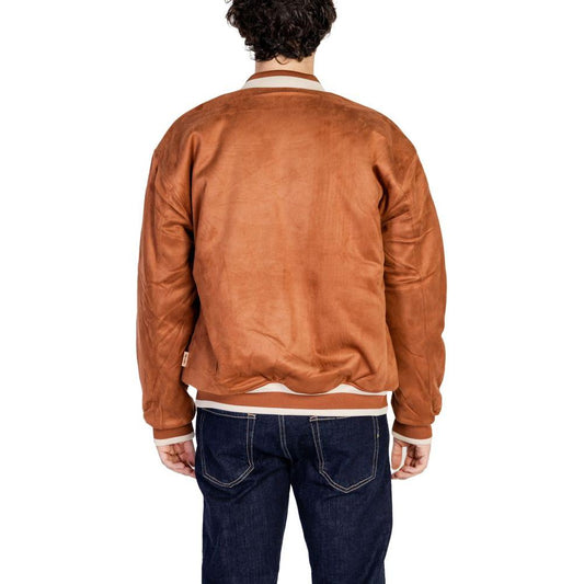 Rear view of Only & Sons reversible brown polyester jacket with embroidered details, showcasing its stylish and versatile design.