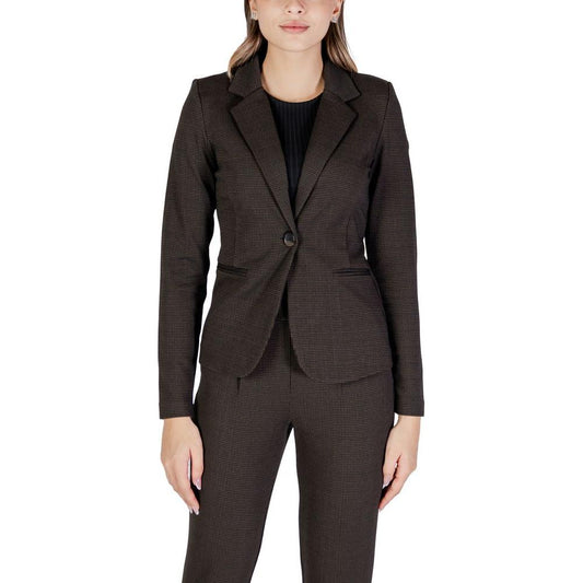 Women’s ICHI brown polyester blazer suit for fall/winter collection, featuring 68% polyester, 27% viscose, and 5% elastane.