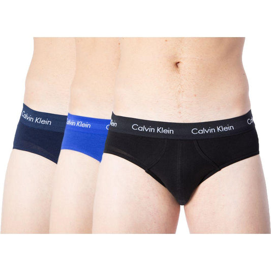 Calvin Klein blue cotton underwear briefs with elastic waistband and logo, set of three, showcasing comfort and style for men.
