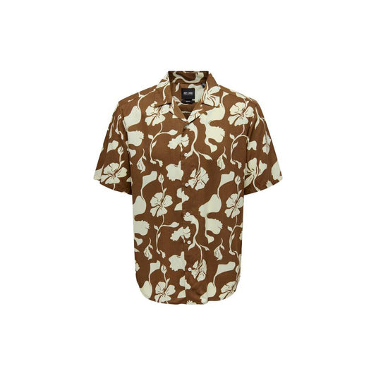 Only & Sons brown viscose short sleeve shirt with floral print, perfect for spring and summer fashion.