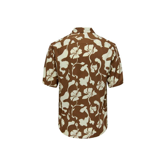 Back view of Only & Sons brown viscose short-sleeve shirt for men, featuring a floral print, ideal for spring/summer collection.