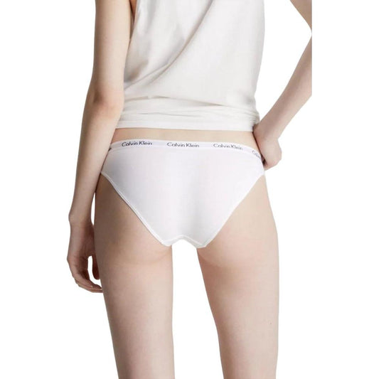 Back view of Calvin Klein white cotton bikini underwear showcasing logo waistband, highlighting comfortable fit and sleek style.