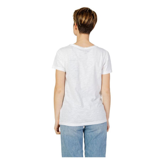 Back view of a woman wearing a Blauer white cotton T-shirt, part of the women's spring/summer collection, paired with blue jeans.