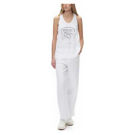 Woman wearing Blauer white cotton tank top, perfect for spring and summer fashion.