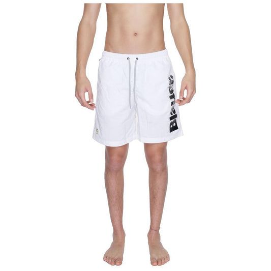 Men's Blauer white polyamide swimwear for spring/summer with drawstring waist, 75% polyamide, 25% polyester.