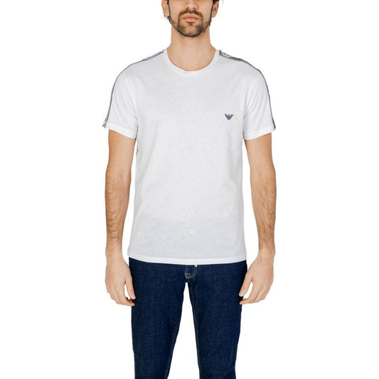 Man wearing Emporio Armani white cotton t-shirt, short-sleeve design, showcasing brand logo, ideal for versatile casual settings.