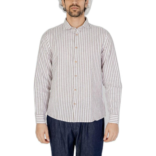 Hamaki-Ho brown linen long-sleeved shirt for men, part of spring/summer collection, shown with vertical stripes.