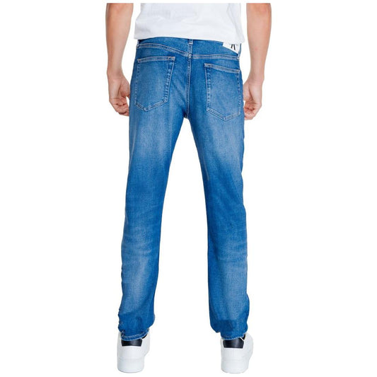 Back view of Calvin Klein men's blue recycled cotton jeans, Fall/Winter collection, featuring comfortable fit with pockets.
