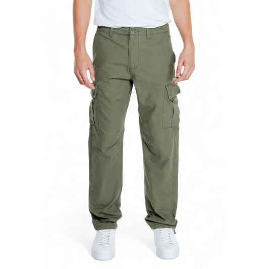 Jack Jones Green Cotton Cargo Pants with tapered fit and side pockets, offering comfort and practicality.