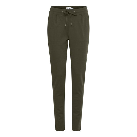 ICHI women's green polyester cigarette pants for fall/winter, composed of 74% polyester, 22% viscose, and 4% elastane.