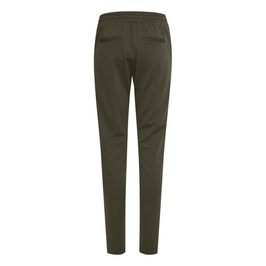 Back view of ICHI green polyester women's cigarette pants for fall/winter, featuring pocket details and elastic waistband.