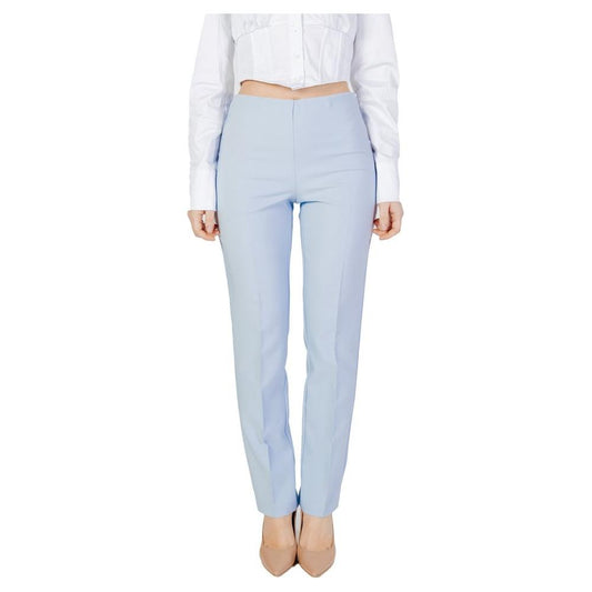Sandro Ferrone women's blue polyester pants for spring summer, featuring a regular fit with 90% polyester and 10% elastane composition.