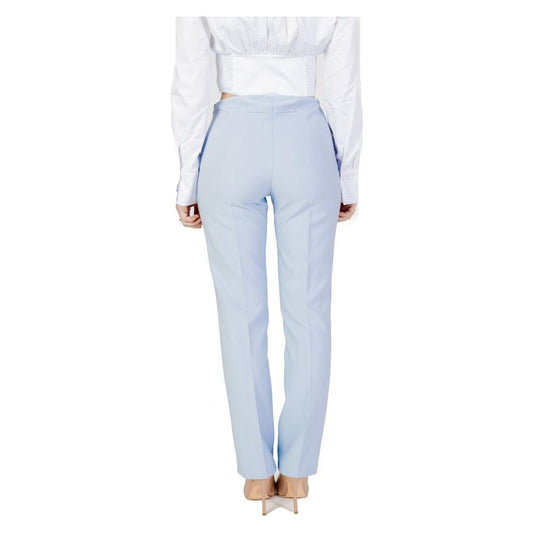 Back view of Sandro Ferrone Women's Blue Polyester Pants for Spring/Summer Collection, featuring regular fit and sleek design.