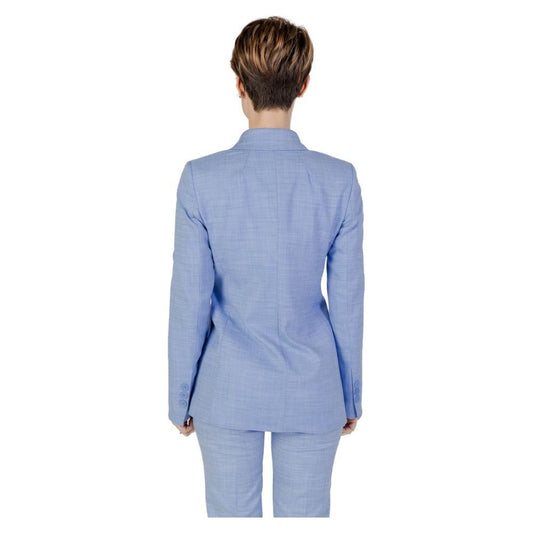 Back view of a women's blue Sandro Ferrone blazer and suit from the Spring/Summer collection, made of viscose, polyester, and elastene.