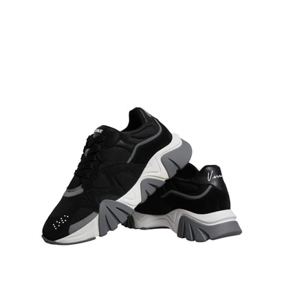 Versace Black Leather Neoprene Chunky Low Top Sneakers Squalo Shoes