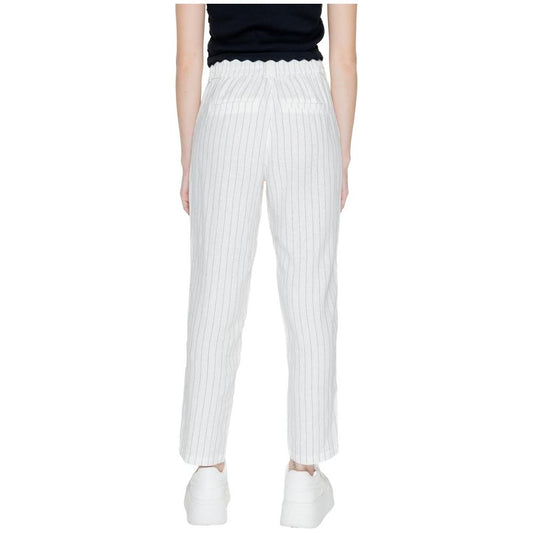 Back view of women's white linen blend trousers, spring/summer collection, featuring a comfortable regular fit and pinstripe design.