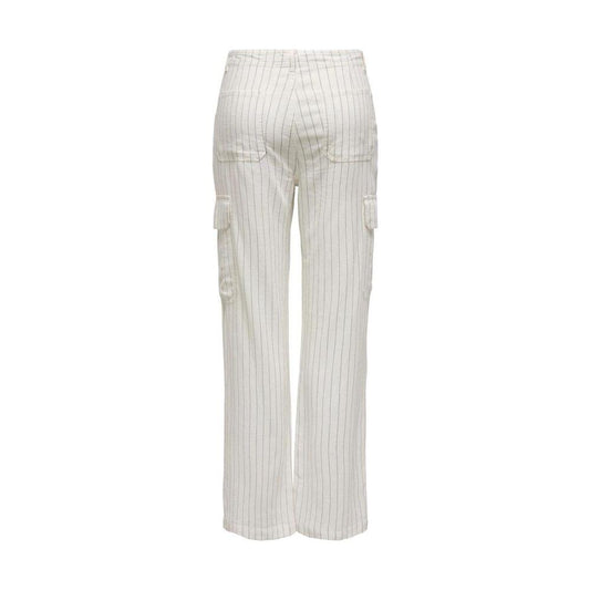 Back view of women's regular white linen pants with pockets, suitable for spring or summer wear, made with 55% linen and 45% viscose.