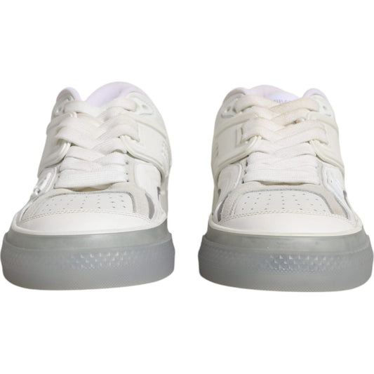 Front view of Dolce & Gabbana White DG Logo CUSTOM 2.Zero sneakers with lace-up closure and rubber sole, showcasing luxury craftsmanship.