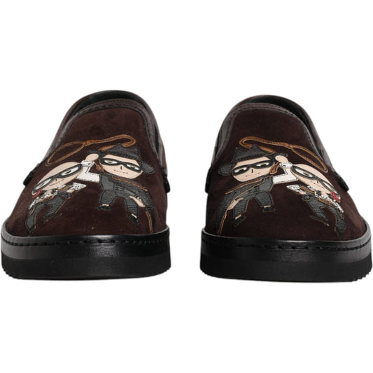 Dolce & Gabbana brown suede slip-on loafers with DG Family embroidery, cotton material, rubber sole, and logo details. Made in Italy.