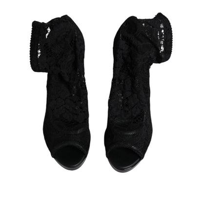 Dolce & Gabbana Black Stretch Taormina Lace Boots Shoes