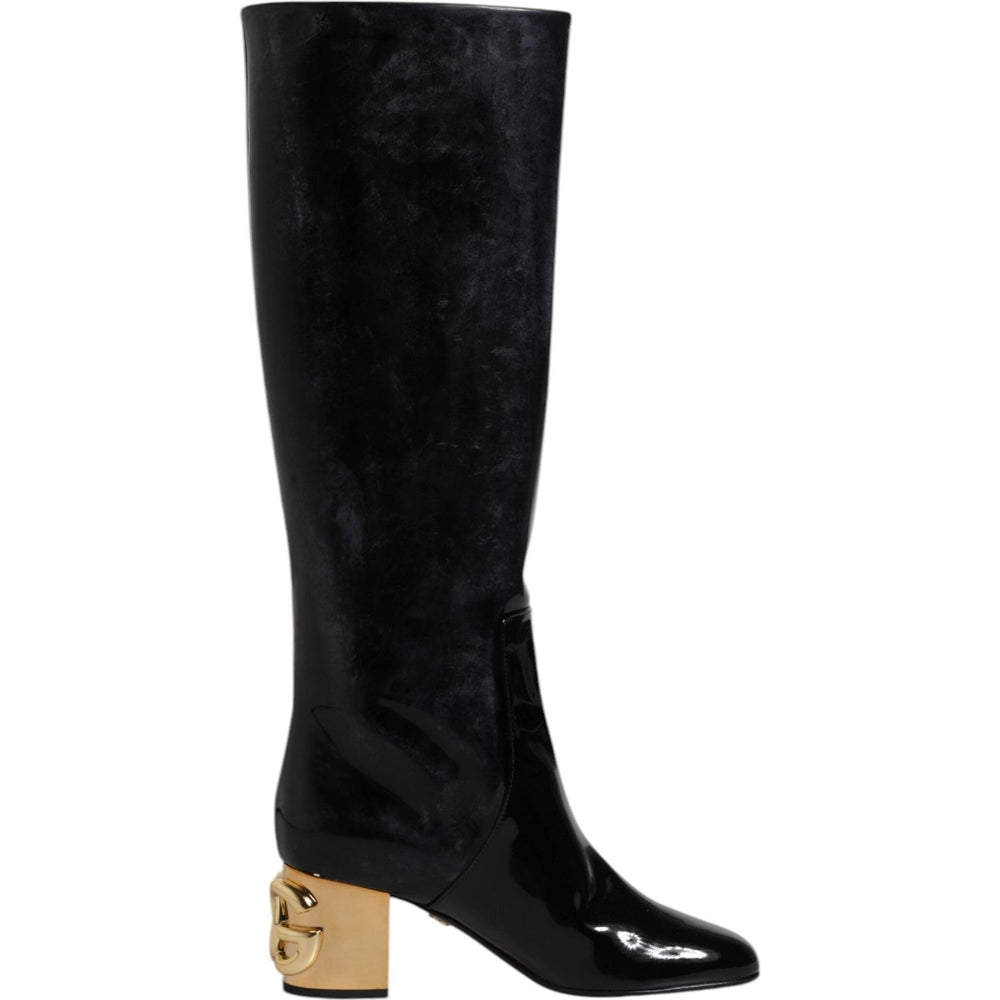 Dolce & Gabbana Black Patent Leather Vally High Boots Shoes LA11987-36.5