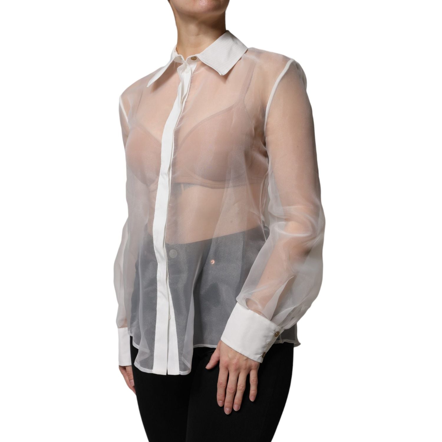Elisabetta Franchi White Sheer Collared Buttoned Long Sleeves Top