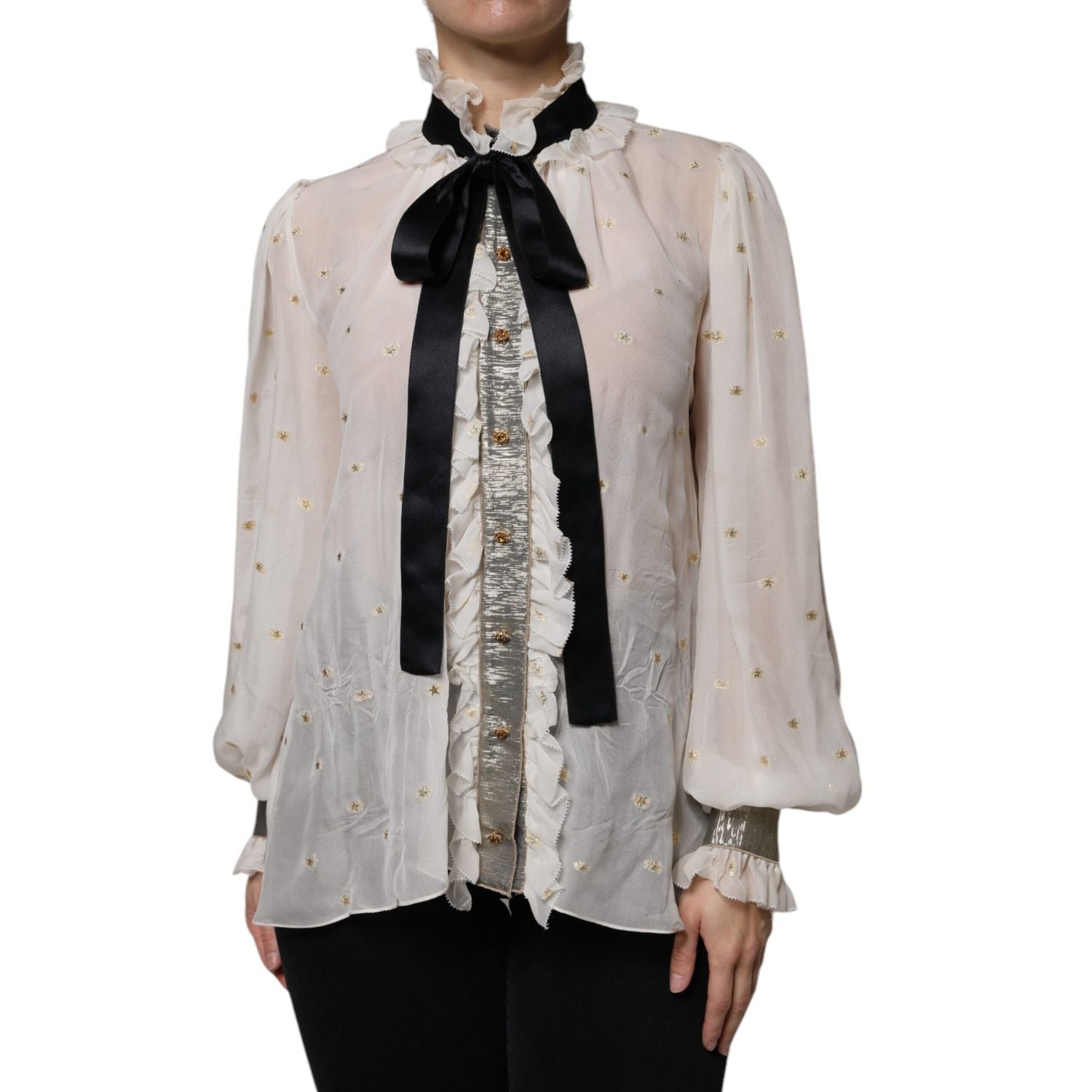 Dolce & Gabbana Off White Silk Blend Ascot Collar Blouse Top