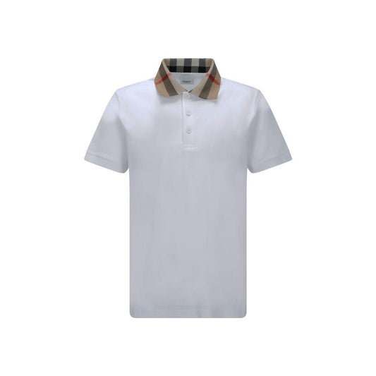 White Burberry Cody Polo Shirt with Archivio Check collar, ribbed design, and tone-on-tone buttons in regular fit.