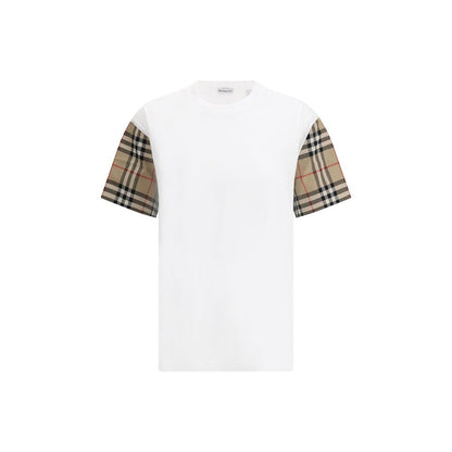 Burberry White Cotton T-Shirt with Archivio Check pattern sleeves, combining comfort and iconic style.