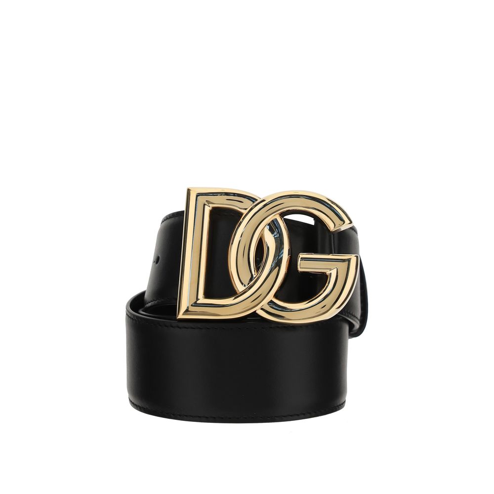 Dolce & Gabbana Black Calf Leather Bos Taurus Regular Belt with metallic brand monogram buckle, AW25 collection