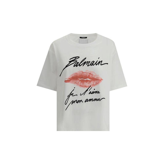 Balmain Kiss T-Shirt - Cotton top with ribbed neck, maxi kiss print, iconic brand monogram, monochrome pattern, and regular fit.