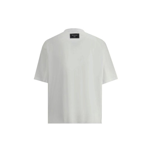 Back view of Balmain Kiss T-Shirt in cotton, featuring a ribbed crew neck and monochrome pattern with iconic monogram print.
