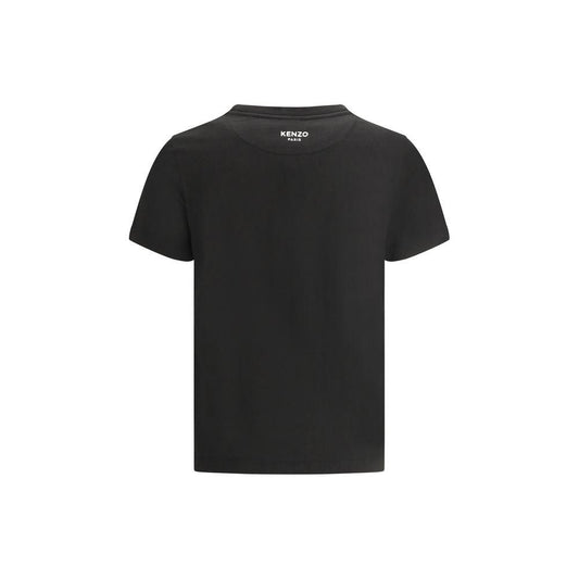 Back view of black Kenzo cotton T-shirt with ribbed crew neck and iconic logo patch, featuring a monochrome design and regular fit.