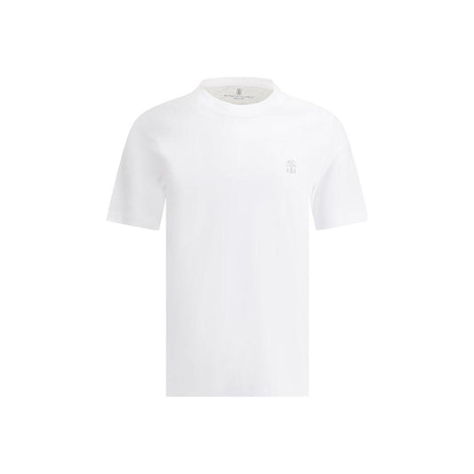 Brunello Cucinelli white cotton T-shirt with logo; elegant and versatile design; perfect for casual or refined outfits.