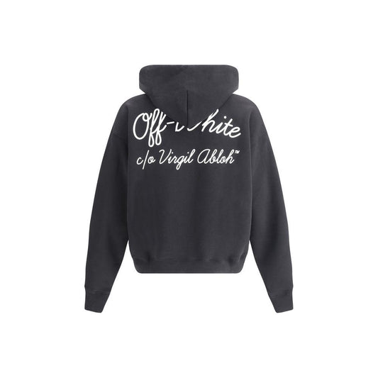 Back view of Off-White Script Skate Hoodie featuring maxi monogram print in contrasting white text on black cotton fabric.